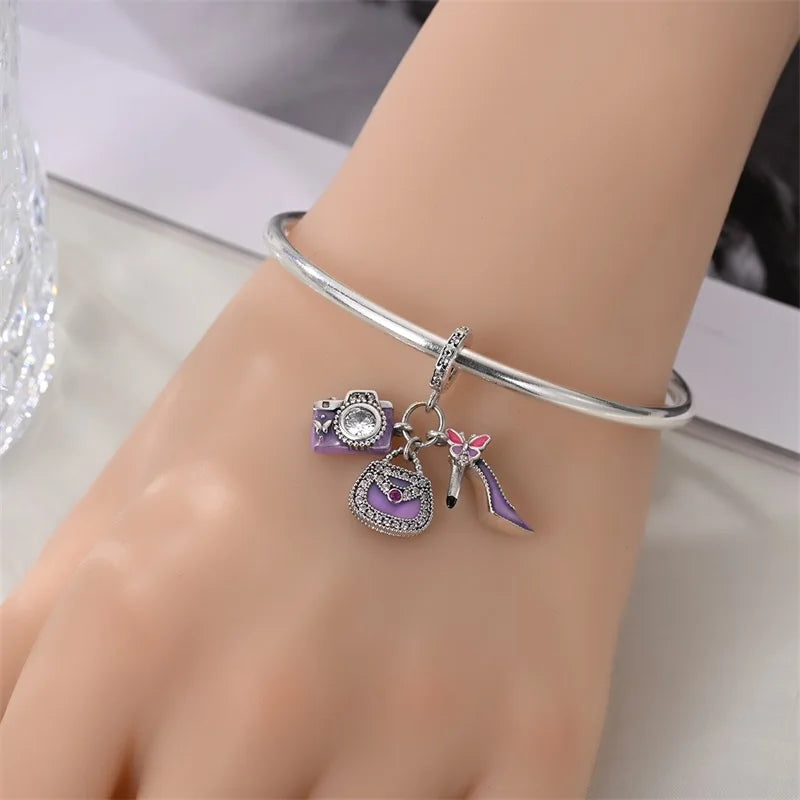 925 Sterling Silver Purple Zircon Bag Charm – Fine Jewelry Pendant for Bracelets & Gifts