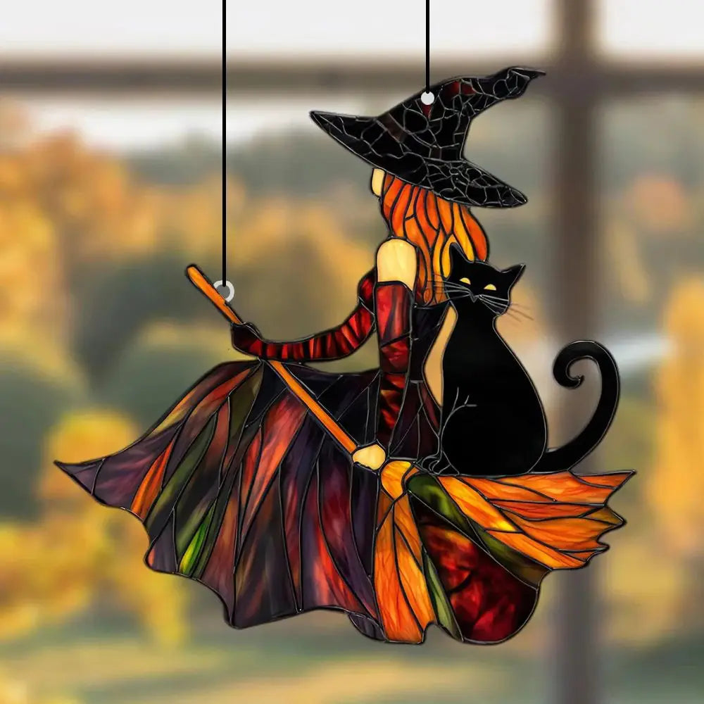 Gothic Witch & Black Cat 2D Acrylic Suncatcher | Halloween Window Hanging Decor