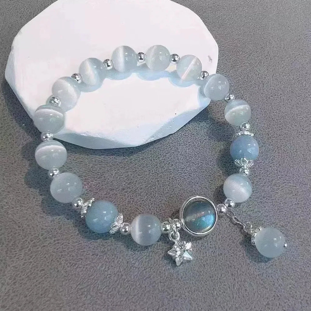 Blue Moonstone Cat Eye Crystal Bead Bracelet | Dreamy Glow · Gift for Her