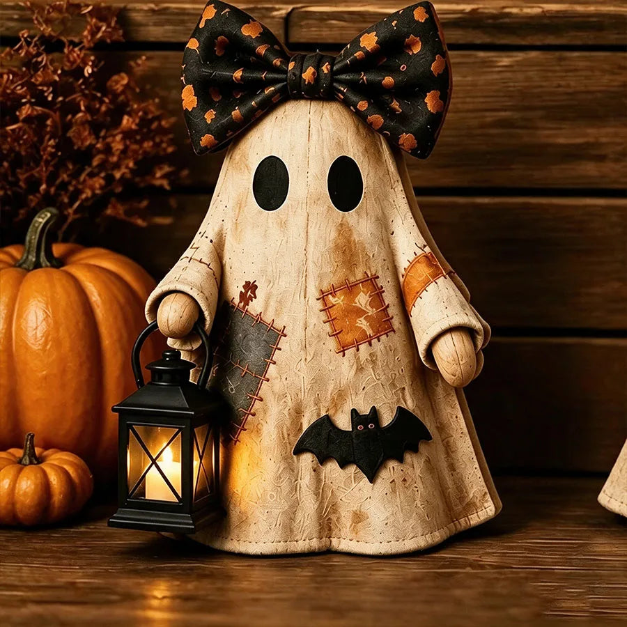 Vintage Wooden Ghost & Witch Hat 2D Tabletop Ornament | Rustic Halloween Decor | Mantel Display