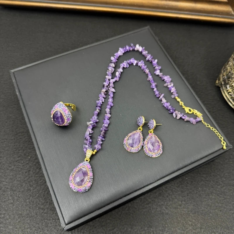 Natural Crystal Jewelry Set | Necklace, Ring & Earrings in Agate & Amethyst