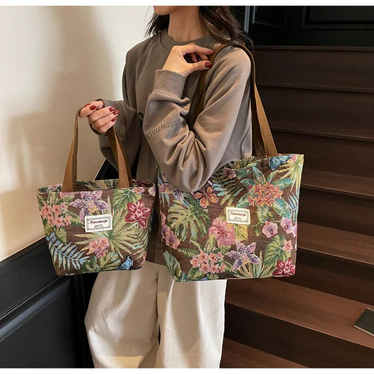 Floral Canvas Shoulder Tote | Four Colors & Two Sizes