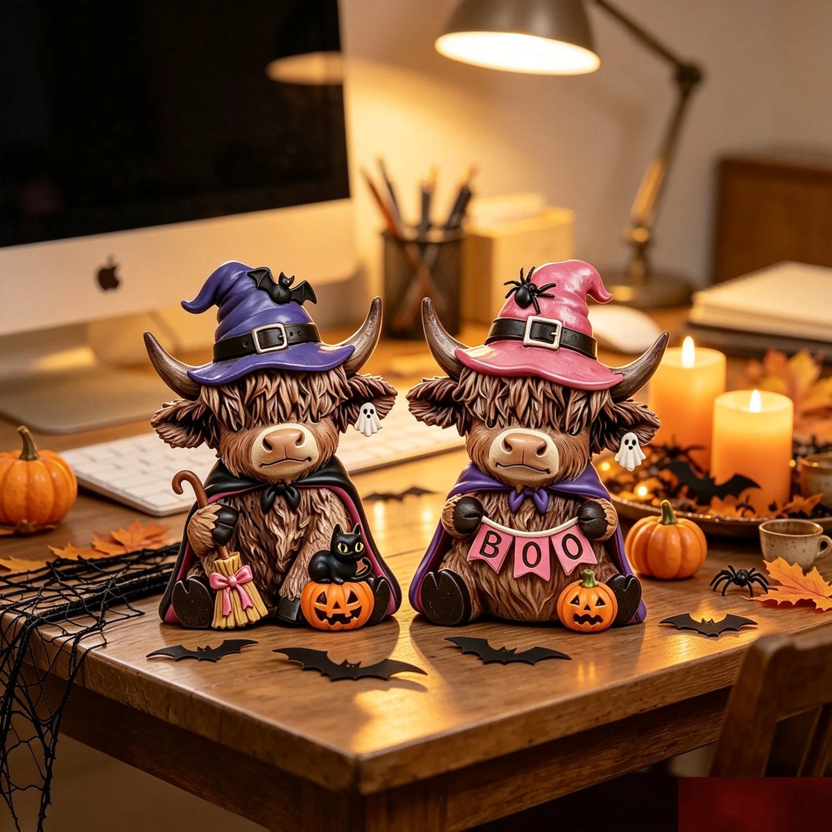 Halloween Highland Cow Wooden Statue Set | Skull Hat Tabletop Decor | Multiple Colors