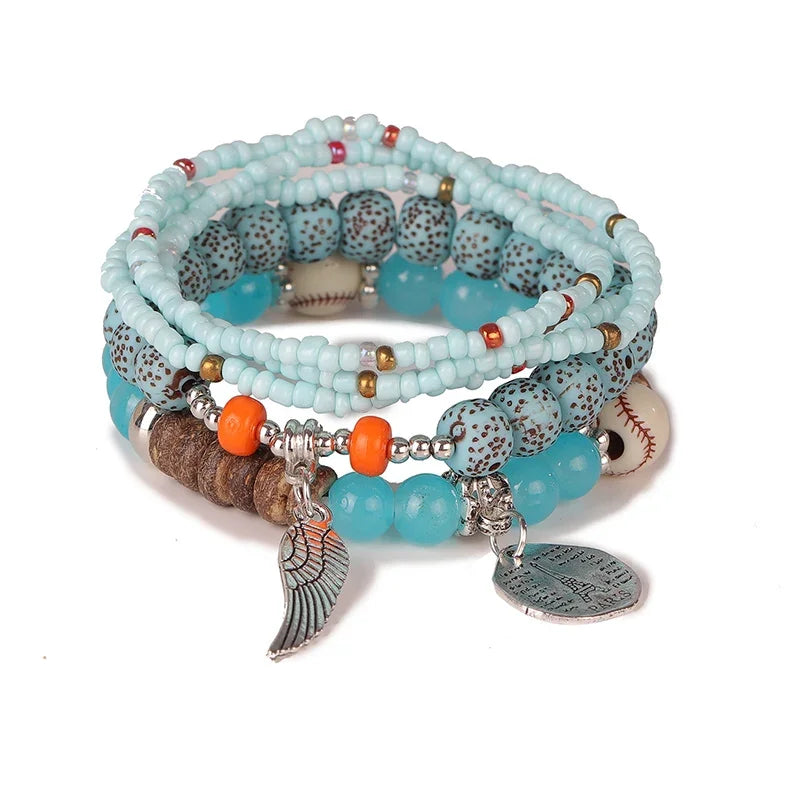 Boho Tree of Life Bracelet Set | Tassel Charm Wooden Bead Bangle for Women