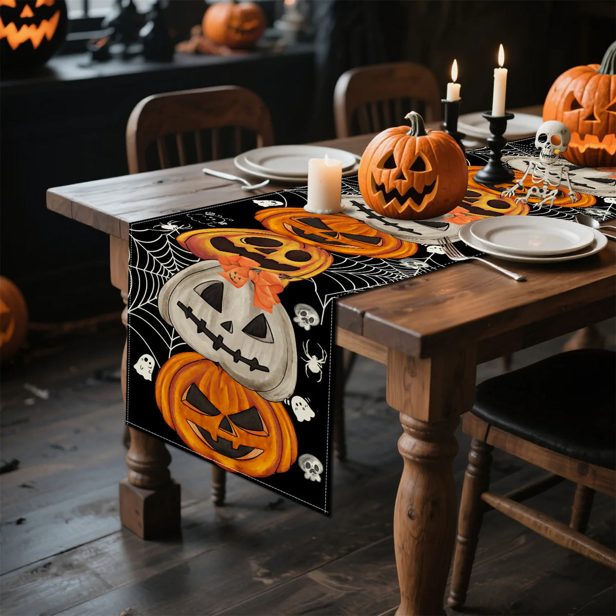 Bohemian Halloween Table Runner | Pumpkin Bat Skull | Spooky Boho Party Decor