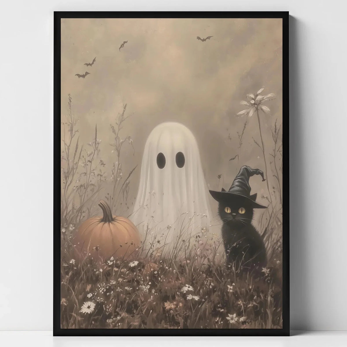 Halloween Ghost & Black Cat Dark Forest Canvas Print