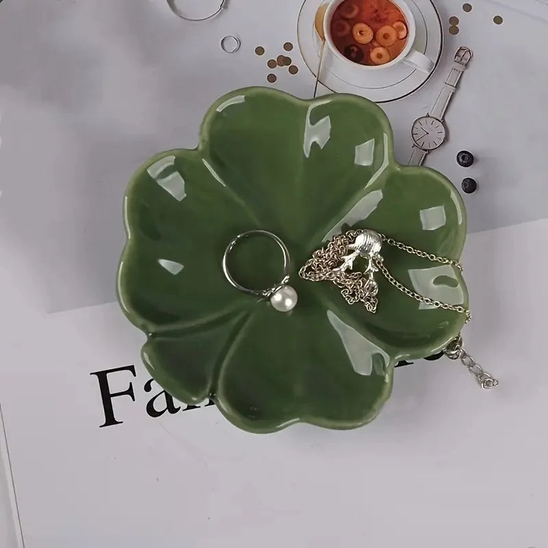 Ceramic Four-Leaf Clover Jewelry Tray — Nordic Style Crystal & Trinket Dish