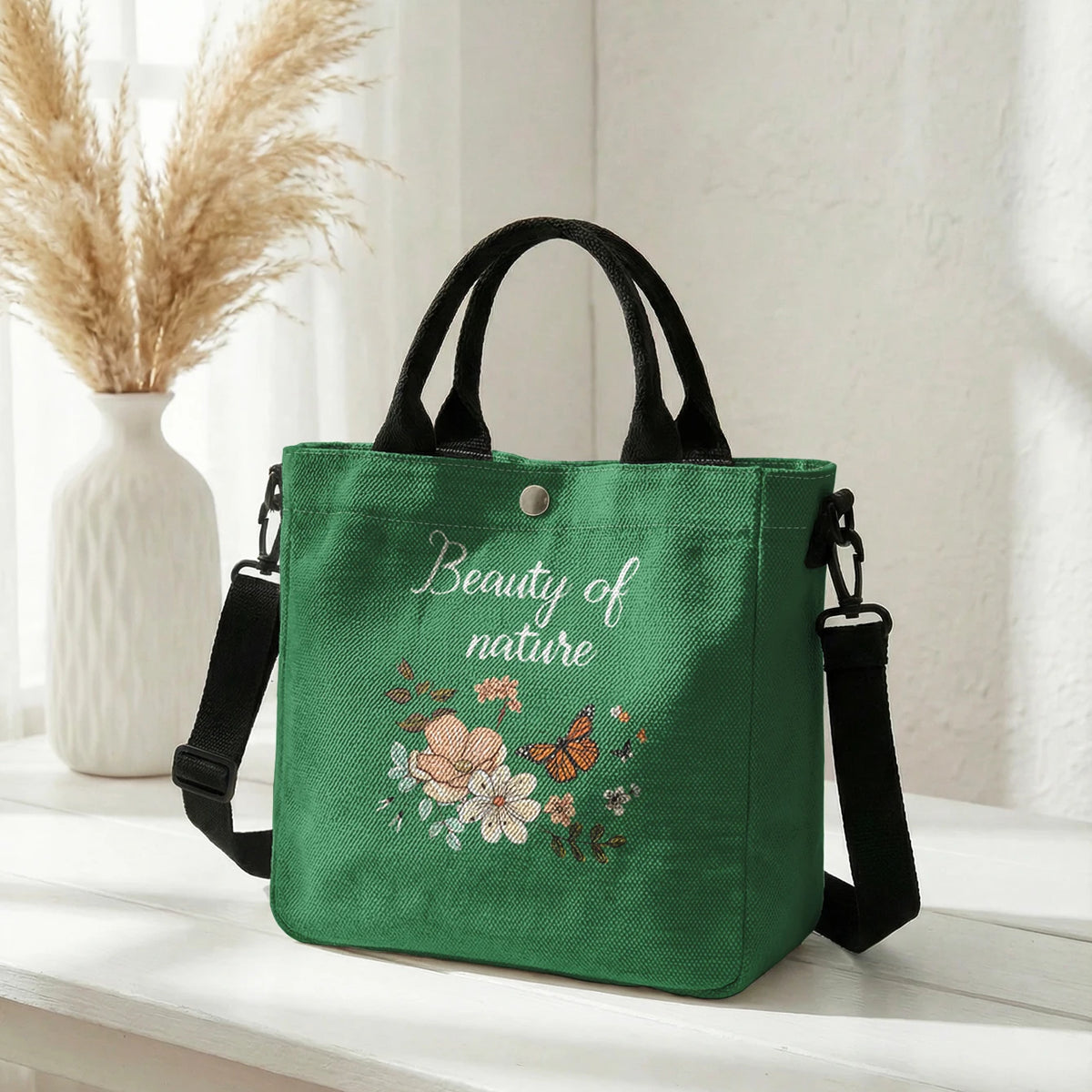 Floral Butterfly Tote Bag with Detachable Crossbody Strap