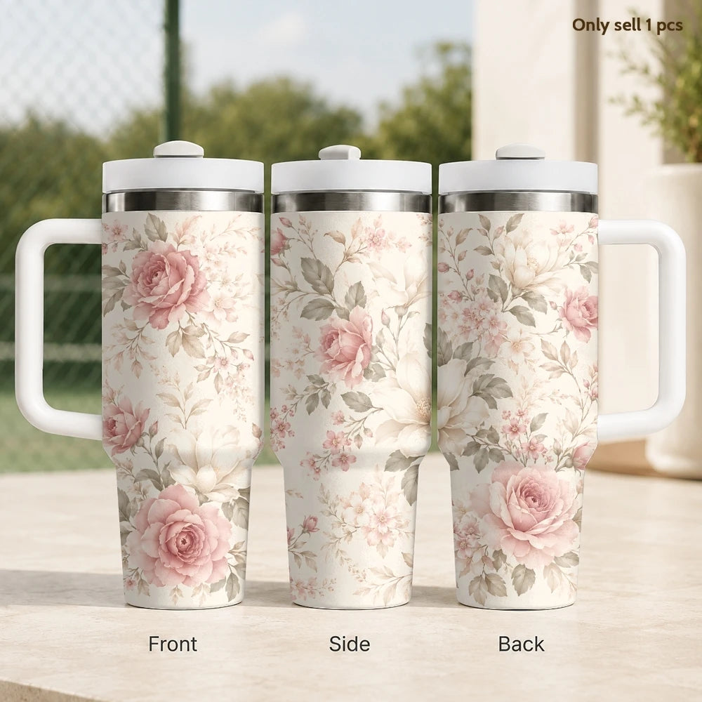 40oz Floral Art Insulated Tumbler | Leak-Proof Travel Mug with Handle & Straw