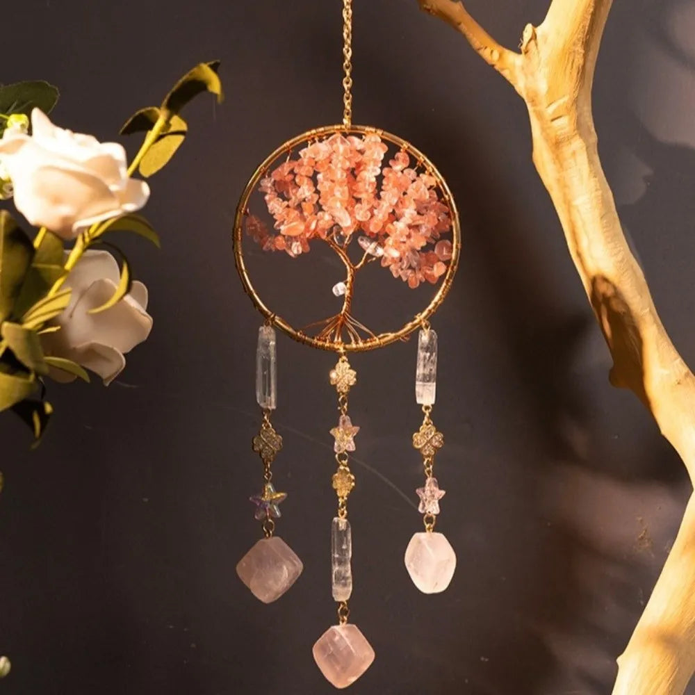 Rose Quartz Tree of Life Suncatcher | Boho Window Hanging