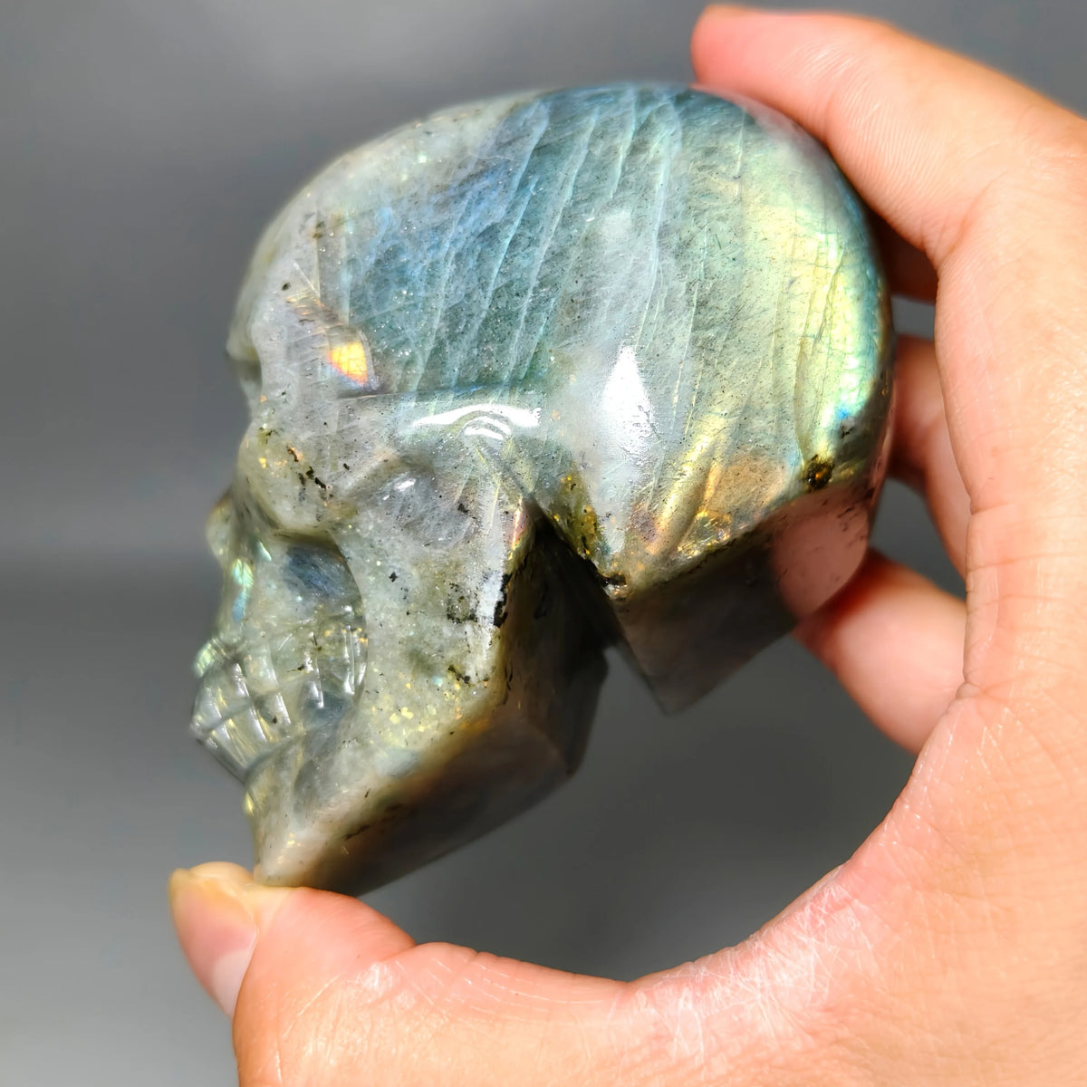 Flash Labradorite Crystal Skull | Carved Healing Stone | Halloween & Meditation Decor