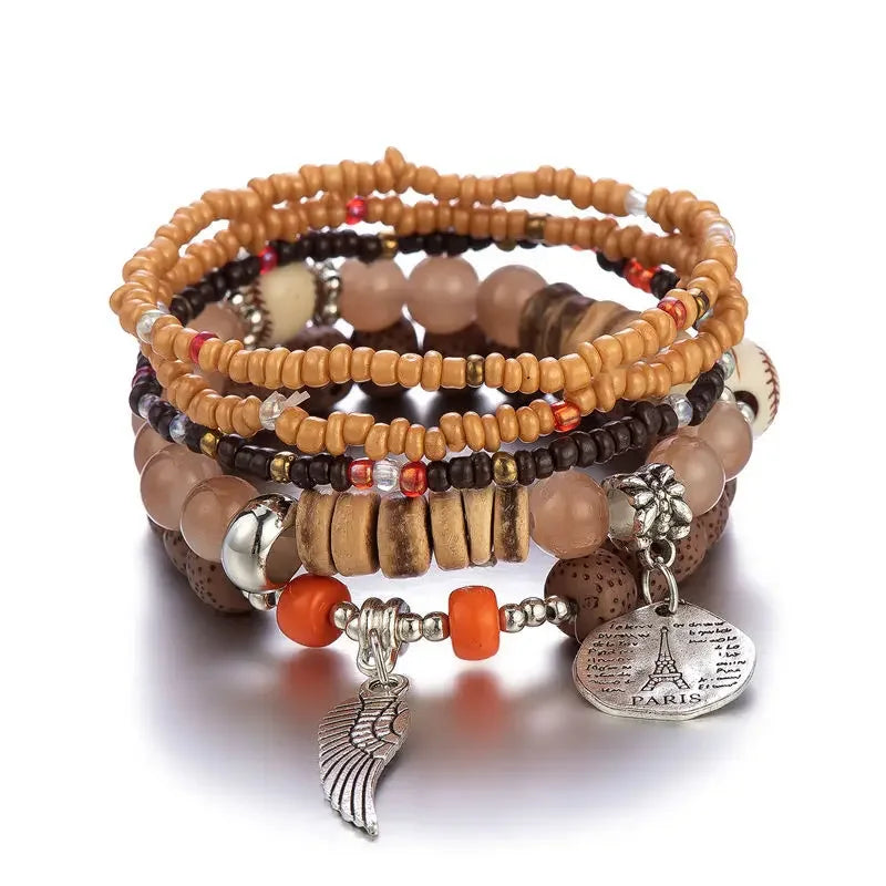Boho Tree of Life Bracelet Set | Tassel Charm Wooden Bead Bangle for Women