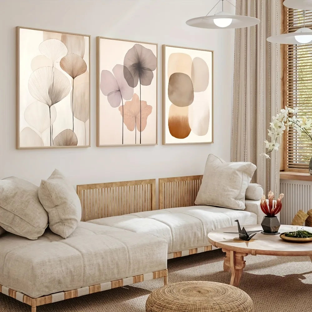 3-Piece Minimalist Floral Wall Art Set | Boho Beige Abstract Canvas Prints