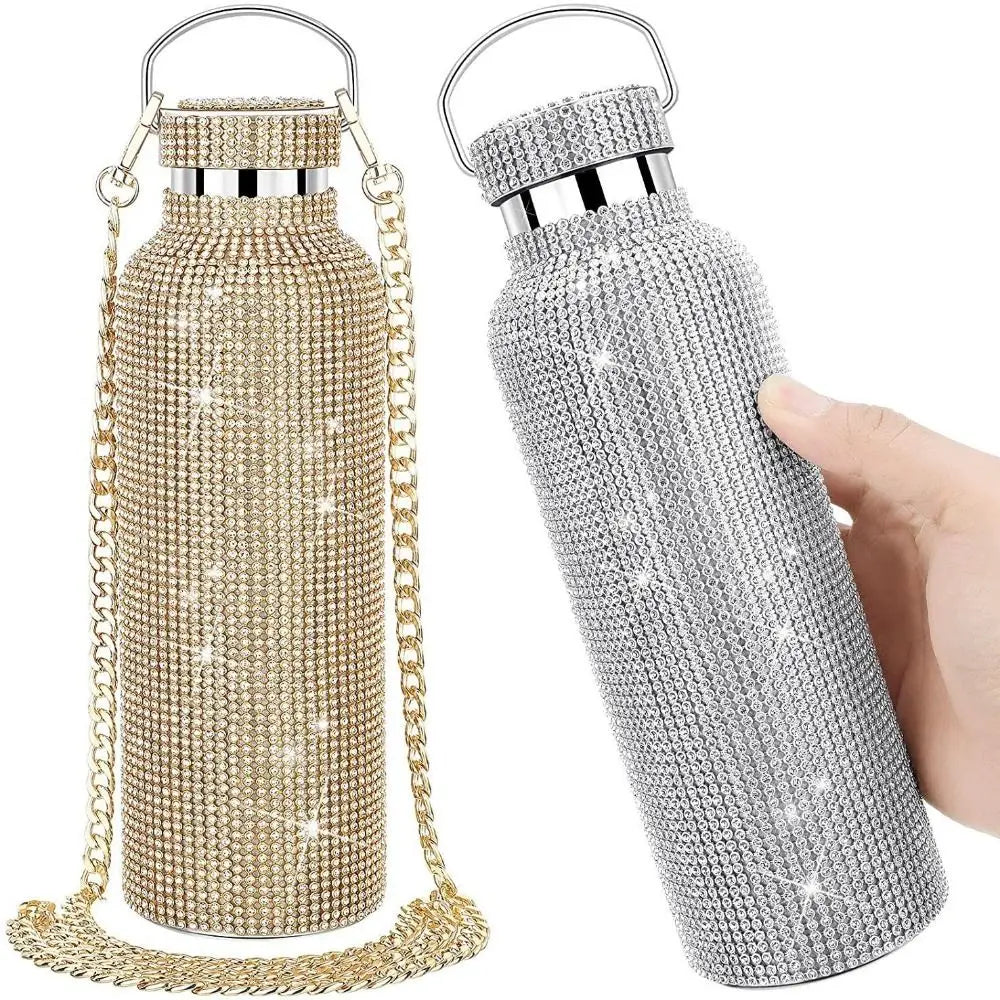 Rhinestone Glitter Water Bottle with Chain Strap | Bling Insulated Tumbler