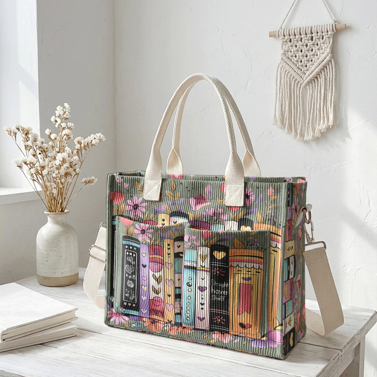 Books & Flowers Corduroy Tote Bag | Choose Your Color