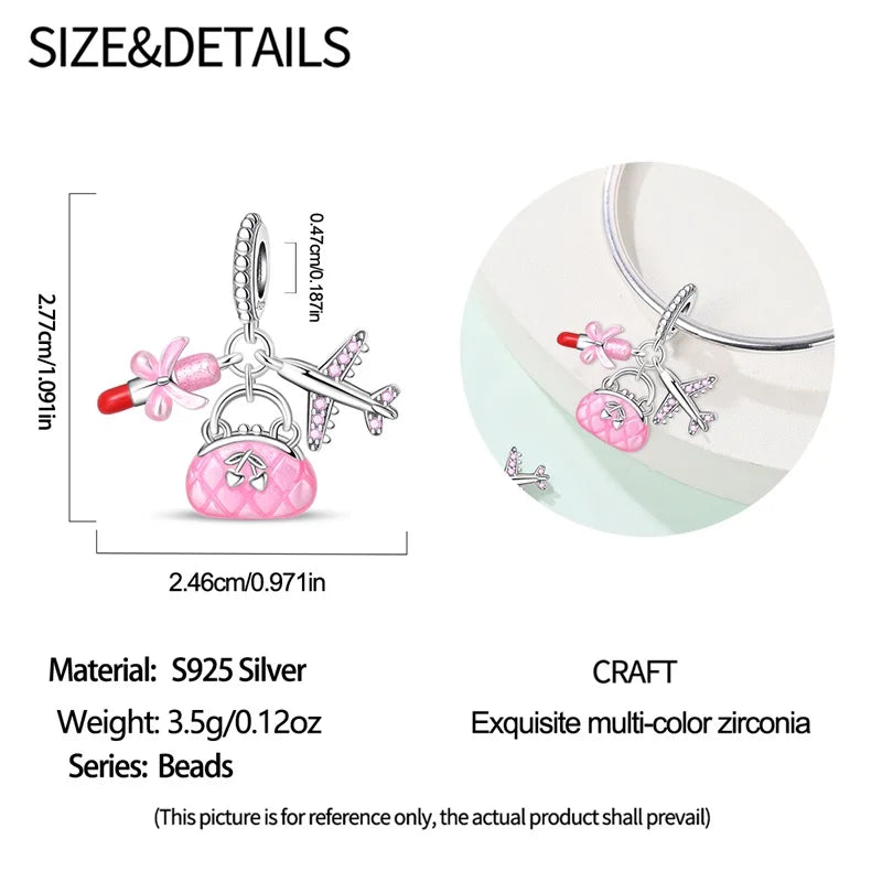 925 Sterling Silver Pink Travel Bag Charm – Zircon Bracelet Pendant for Women