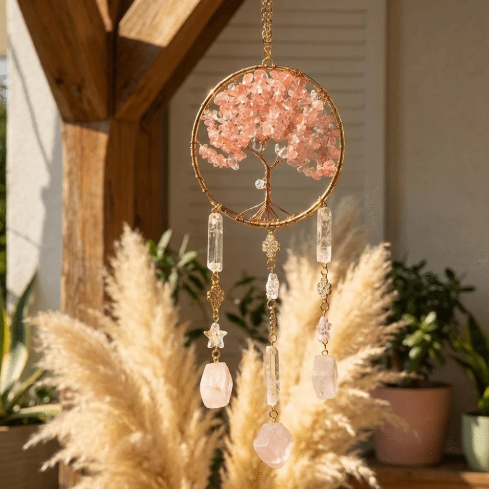 Rose Quartz Tree of Life Suncatcher | Boho Window Hanging