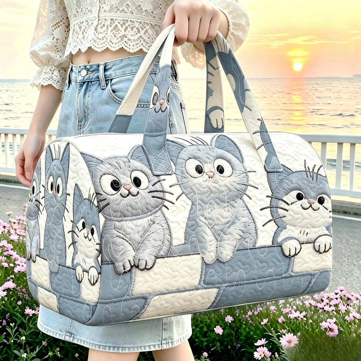 Cute Kitten Quilted Duffle Bag | Cat Embossed Travel & Gym Tote