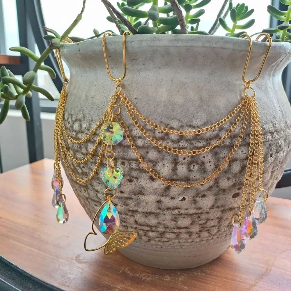 Crystal Butterfly Flower Pot Suncatcher | Boho Rainbow Prism Hanging Decor