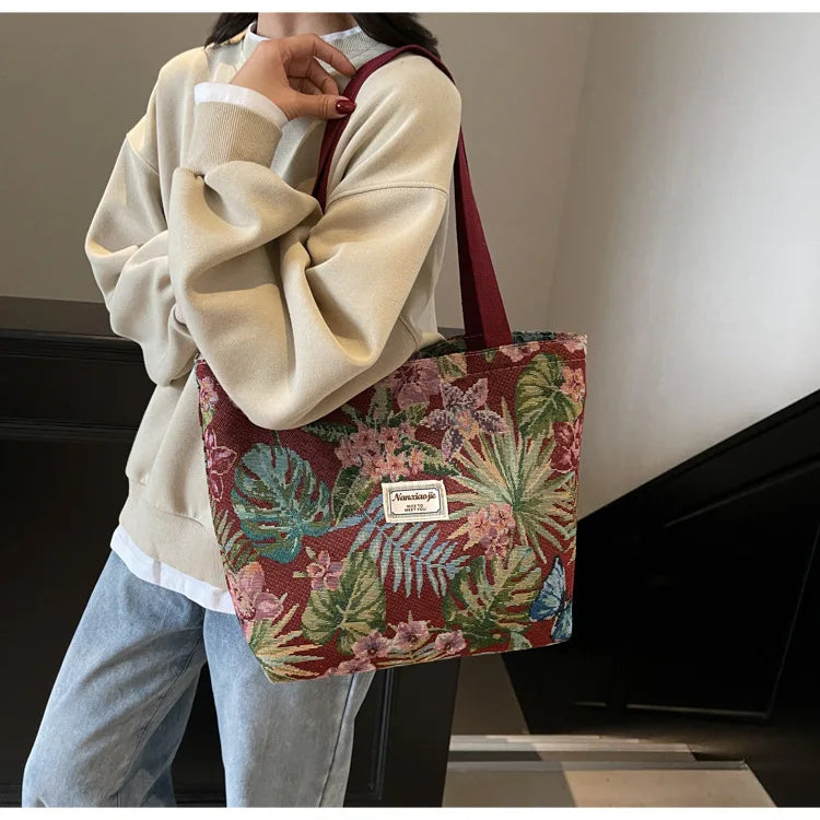 Floral Canvas Shoulder Tote | Four Colors & Two Sizes