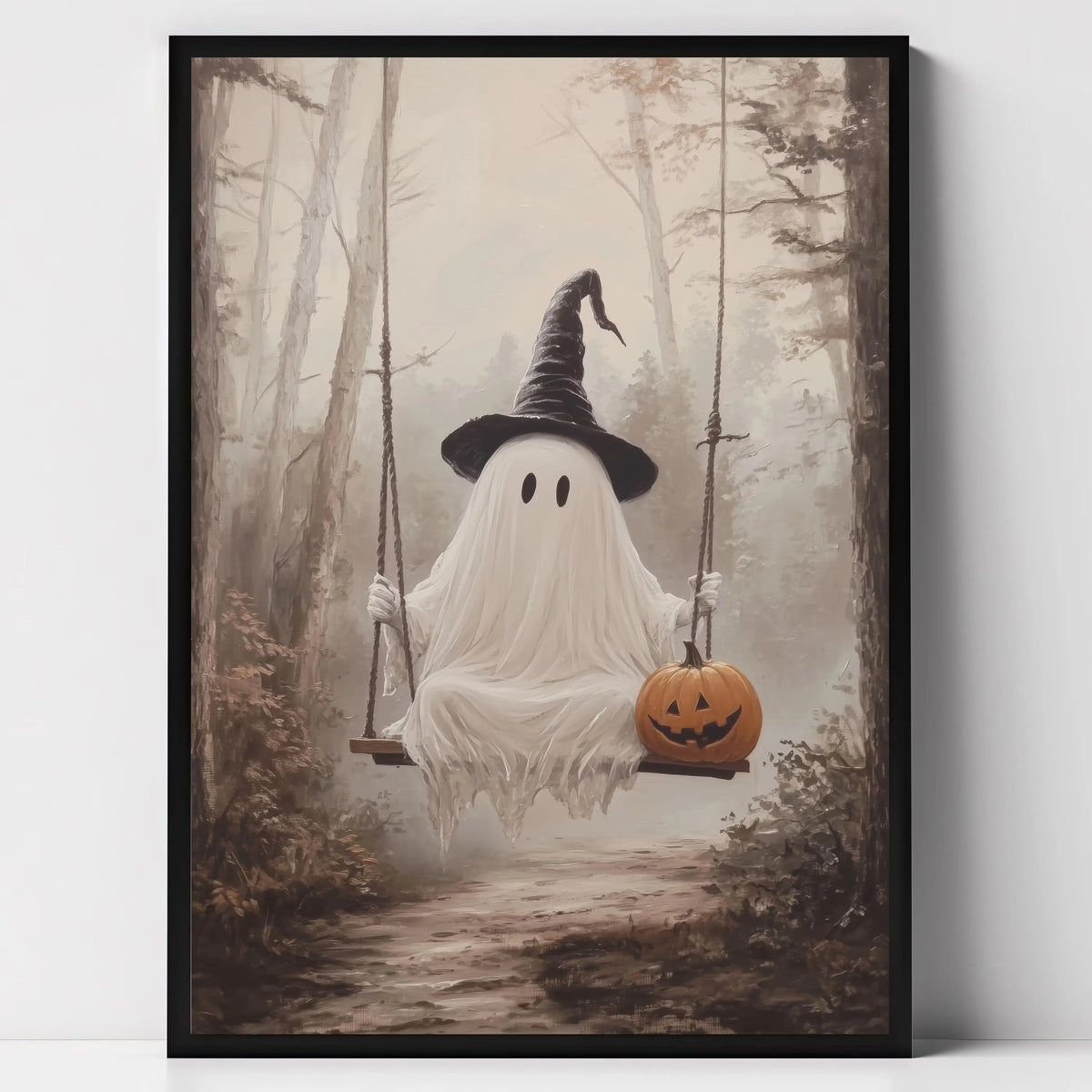 Halloween Ghost & Black Cat Dark Forest Canvas Print