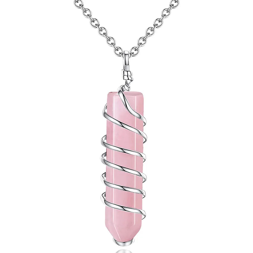 Rose Quartz Crystal Pendant Necklace | Wire Wrapped Healing Jewelry