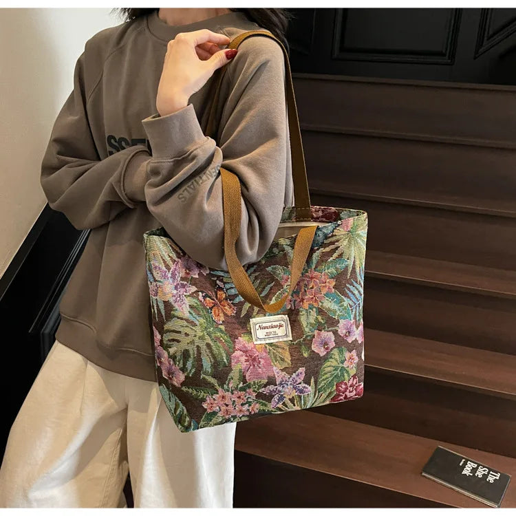Floral Canvas Shoulder Tote | Four Colors & Two Sizes