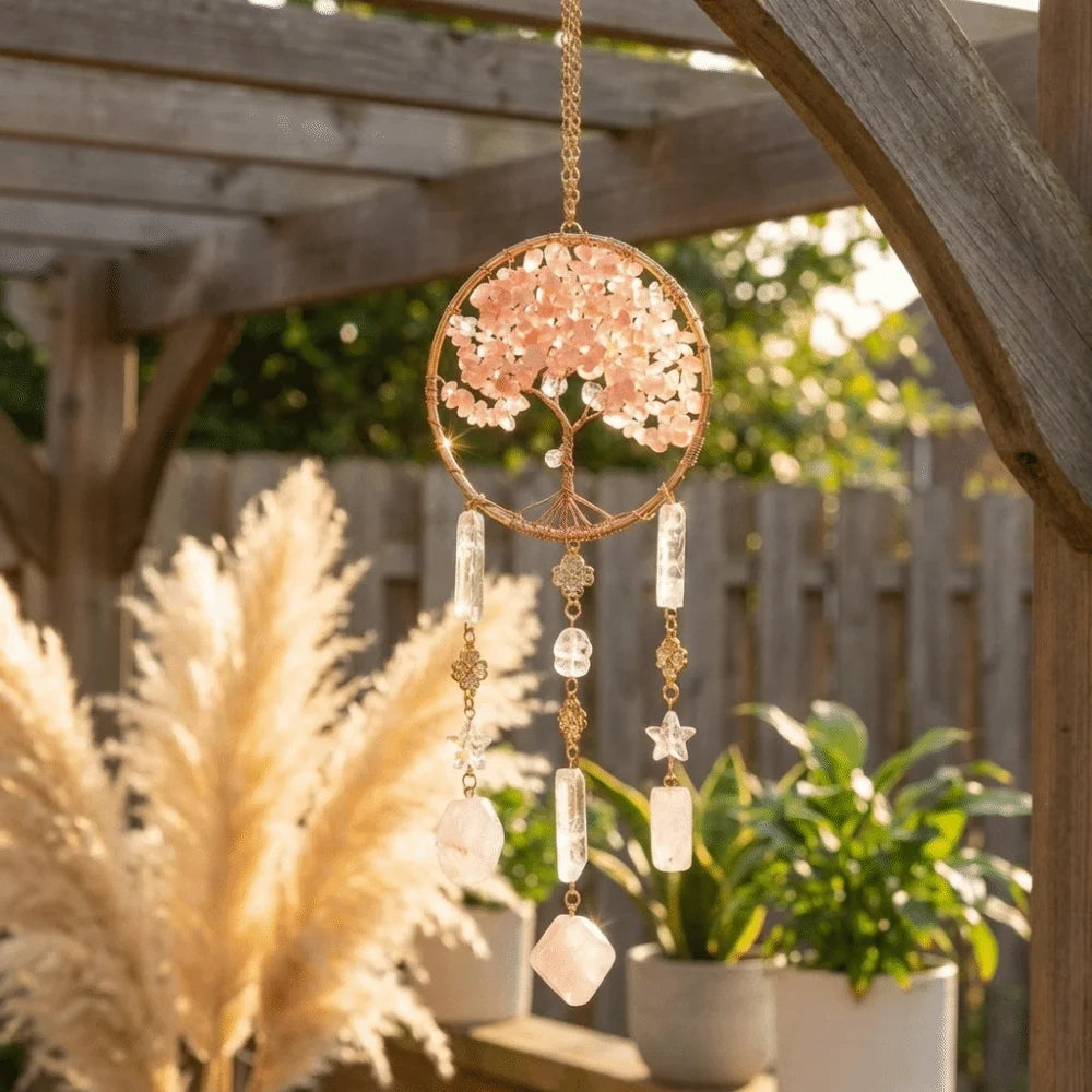 Rose Quartz Tree of Life Suncatcher | Boho Window Hanging
