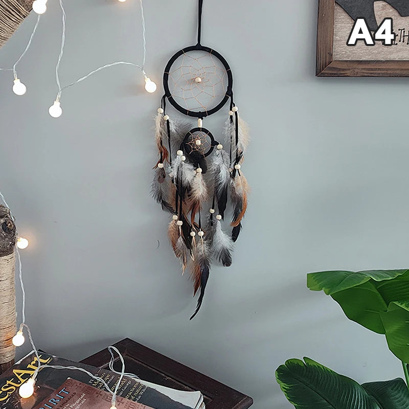 Boho Feather Dream Catcher – Handwoven Double-Ring Wall Hanging | Earth Tones