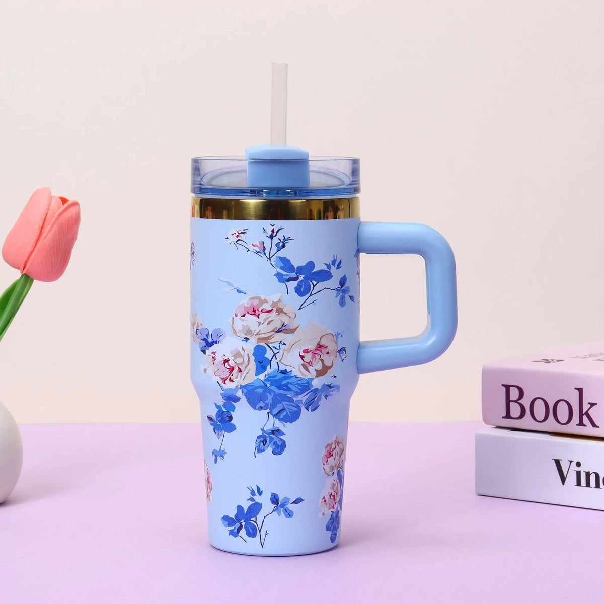 14oz Insulated Car Cup Tumbler | Stainless Steel Travel Mug with Handle & Straw