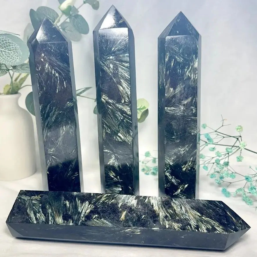 Natural Astrophyllite & Arfvedsonite Crystal Tower — Flashy Metaphysical Stone Obelisk
