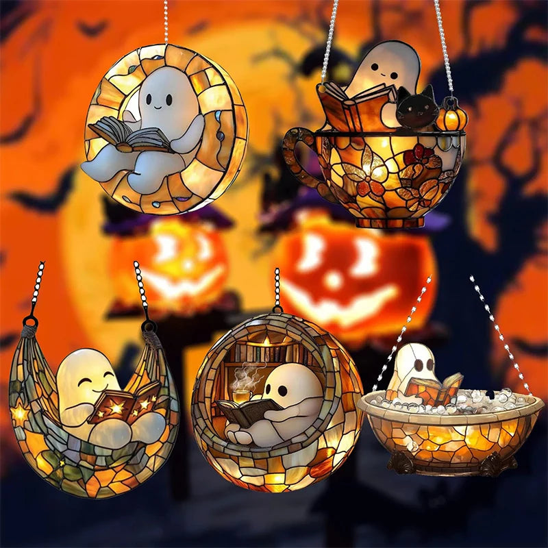 Halloween Ghost Reading Book Window Ornament | Colorful Acrylic Suncatcher