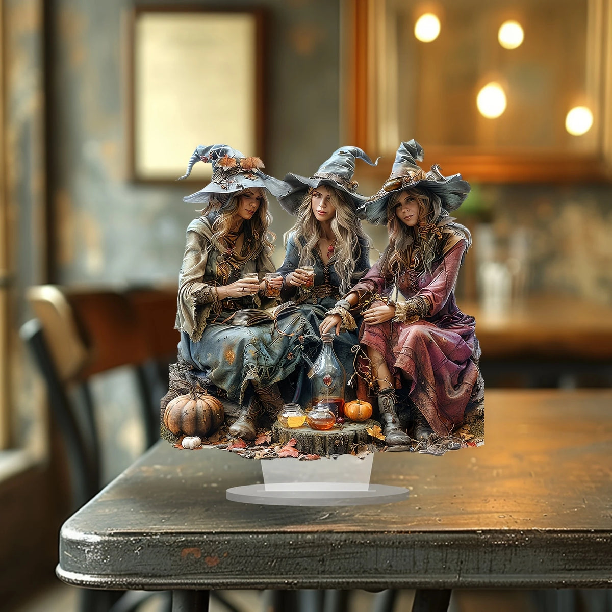 Three Witches 2D Acrylic Desktop Decoration | 10" Colorful Halloween Decor | Gift Set