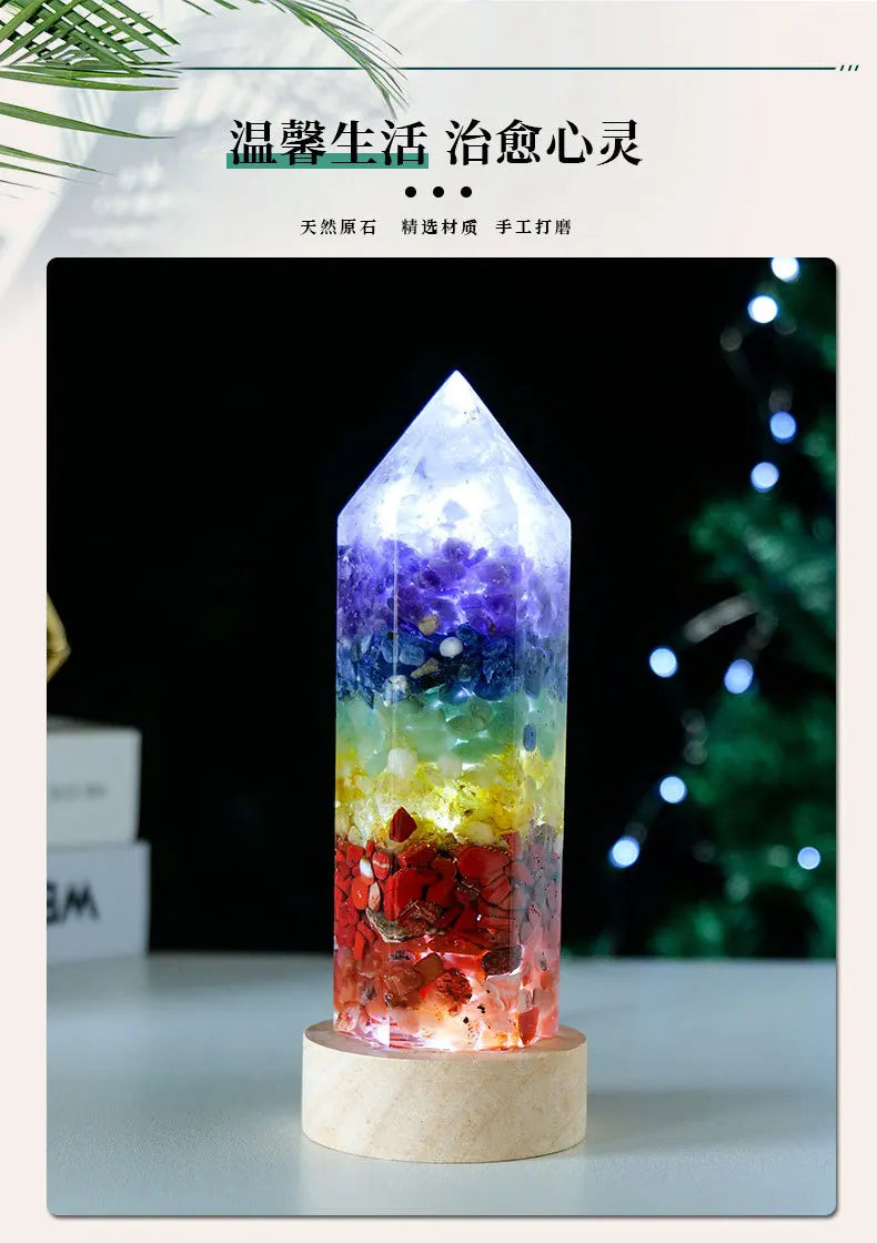 7 Chakra Crystal Column LED Night Light — USB Wood Base Obelisk