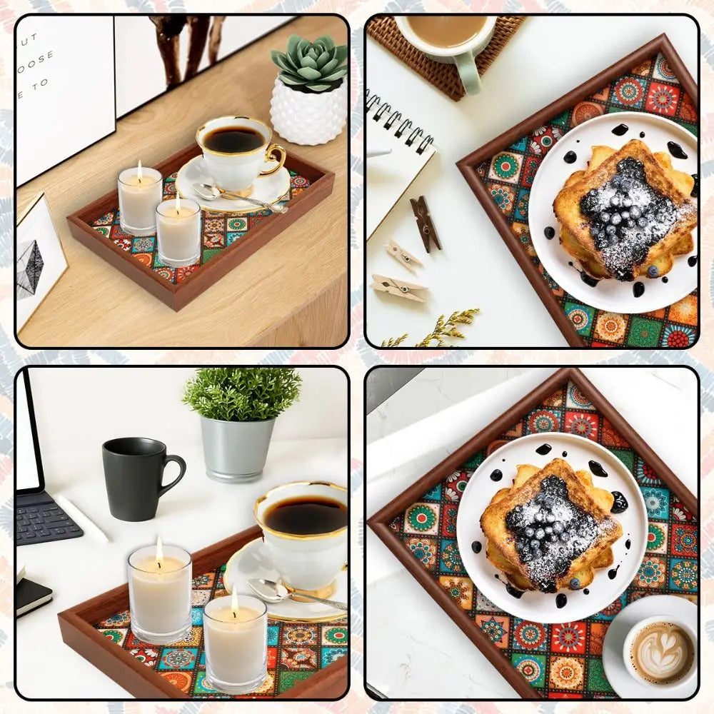 Bohemian Mosaic-Pattern Wooden Tray | 30 × 20 cm