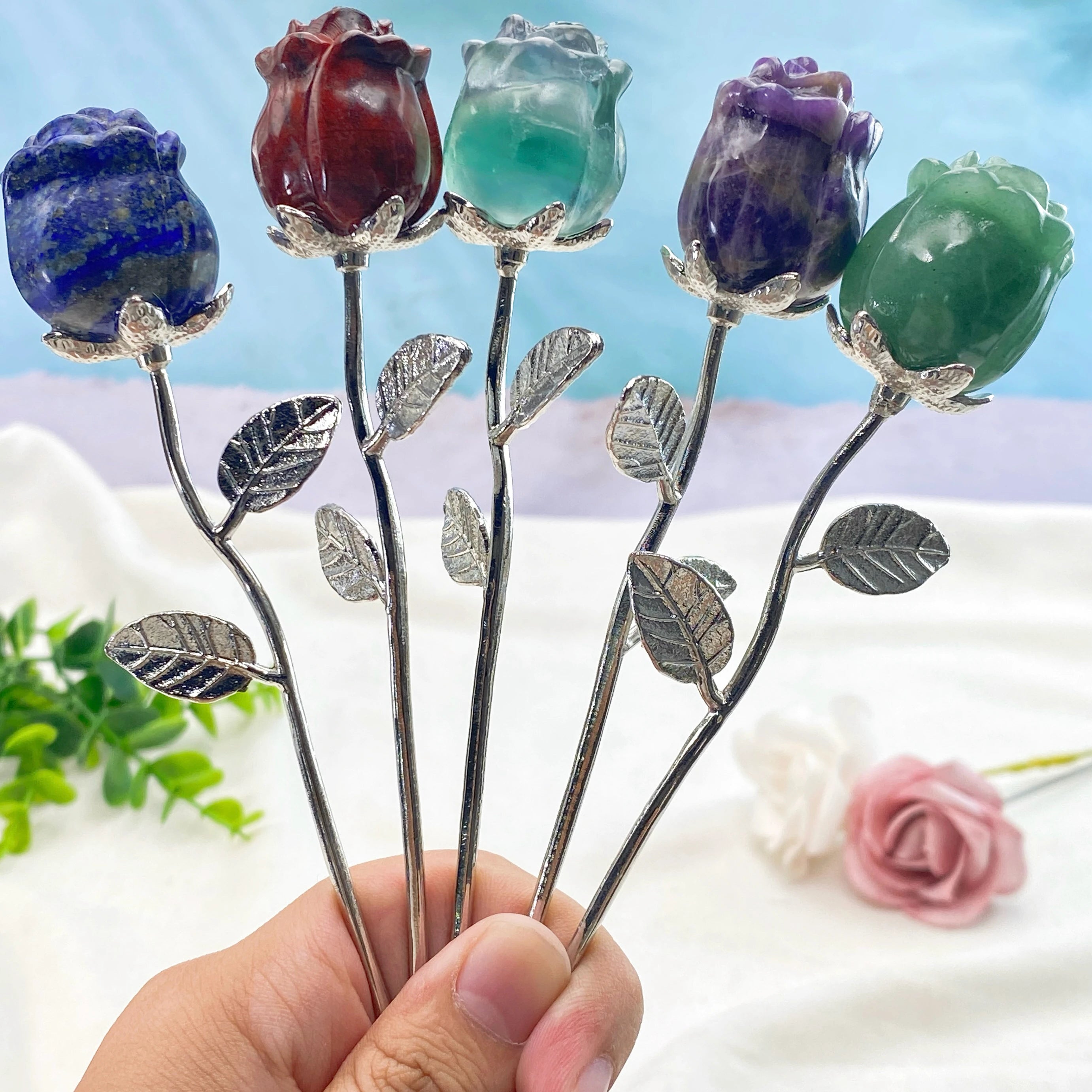 Crystal Carved Rose Flower — Natural Gemstone Rose Gift