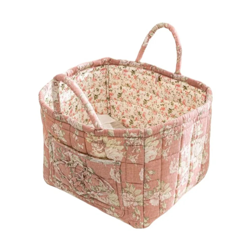 Quilted Floral Storage Basket — Collapsible Fabric Organizer Bag