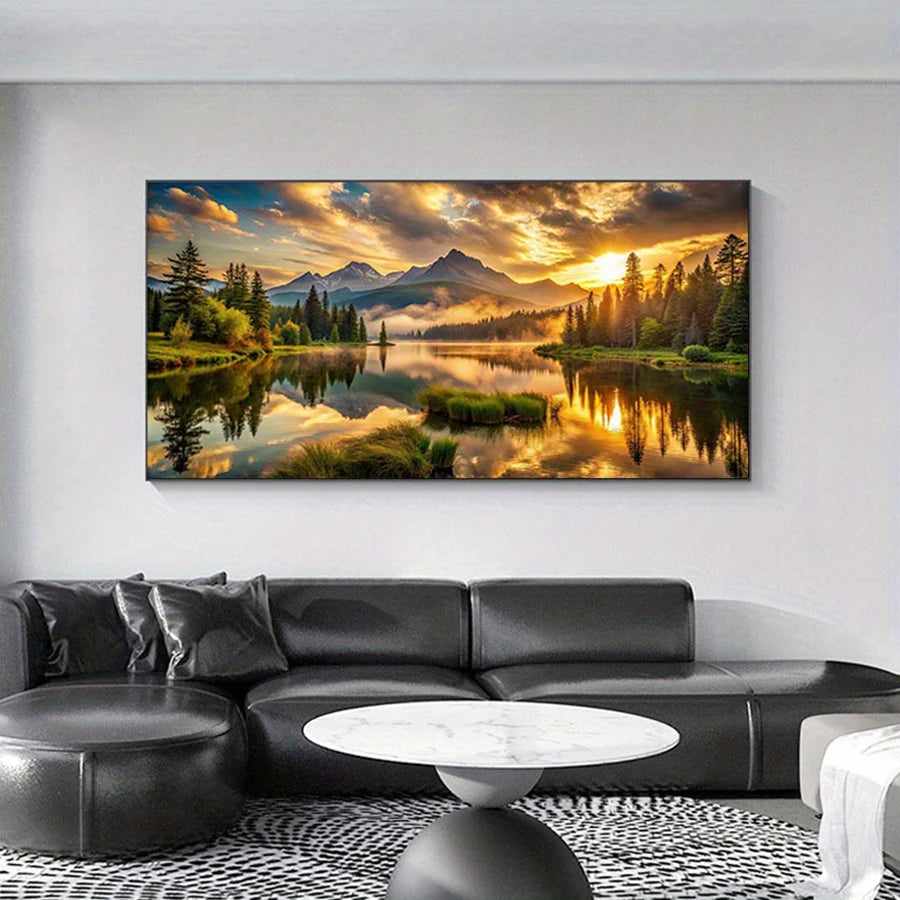 Golden Sunrise Snowy Mountains Canvas Print — Boho Landscape Wall Art