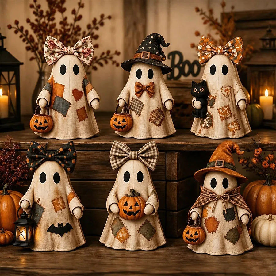 Vintage Wooden Ghost & Witch Hat 2D Tabletop Ornament | Rustic Halloween Decor | Mantel Display