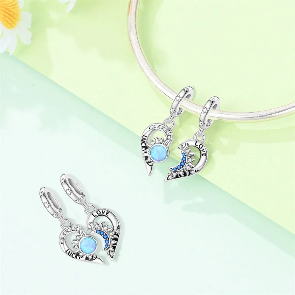 Moon & Sun Celestial Charms – 925 Sterling Silver Zircon Bracelet Pendants