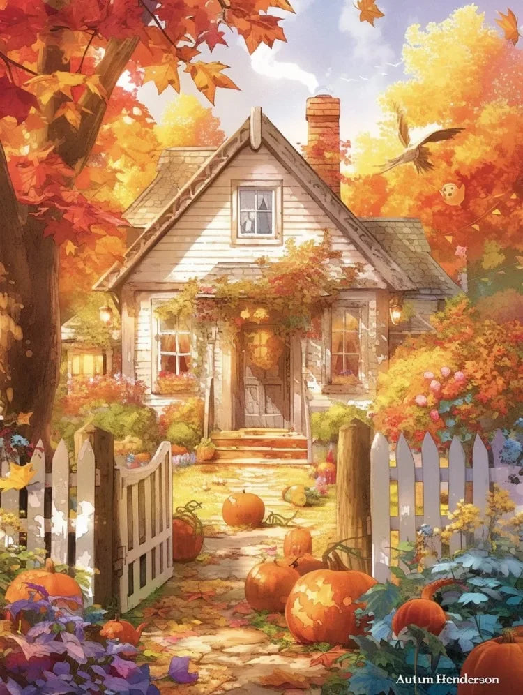 Halloween Pumpkin & Autumn Scenery 5D Diamond Painting Kit — Full Round Drill DIY Craft