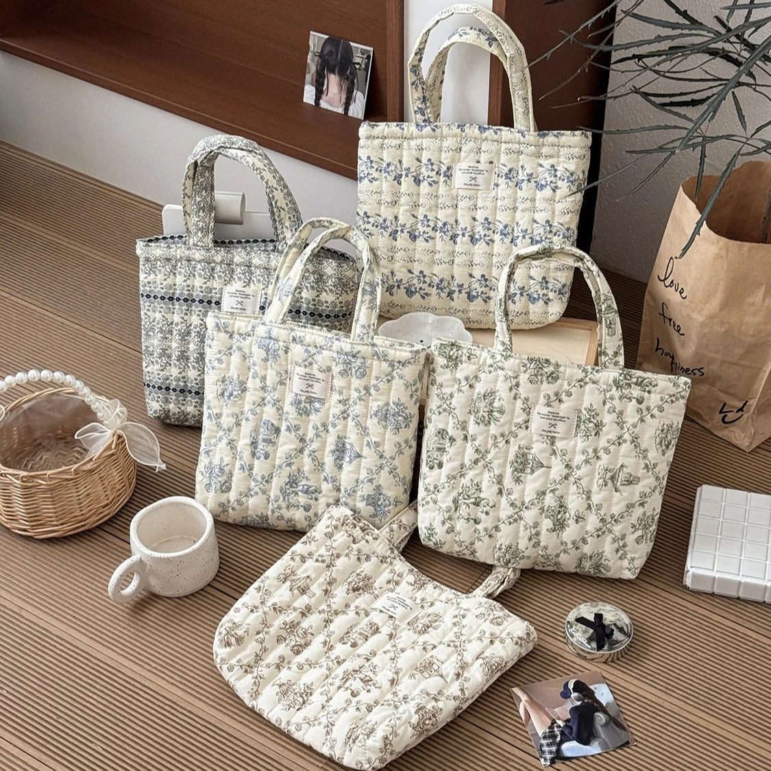 Quilted Cotton Flower Tote Bag | Boho Lunch & Shoulder Bag for Women