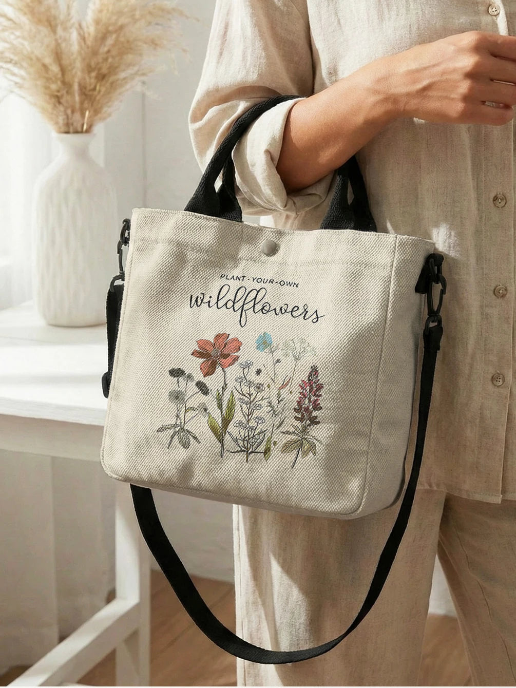 Wildflower Tote Bag with Detachable Shoulder Strap
