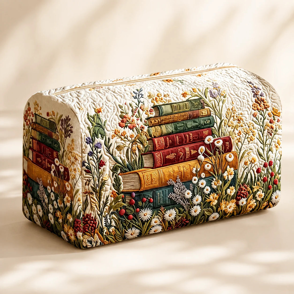 Vintage Book-Print Quilted Cosmetic Bag