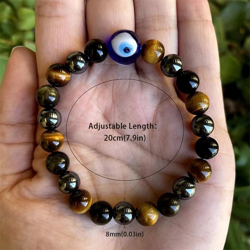 Triple Protection Bracelet — Tiger’s Eye, Black Obsidian & Evil Eye Handmade Beaded Bracelet