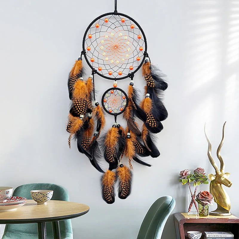 Luminous Bead Dream Catcher – Handwoven Boho Wall Hanging with Feathers