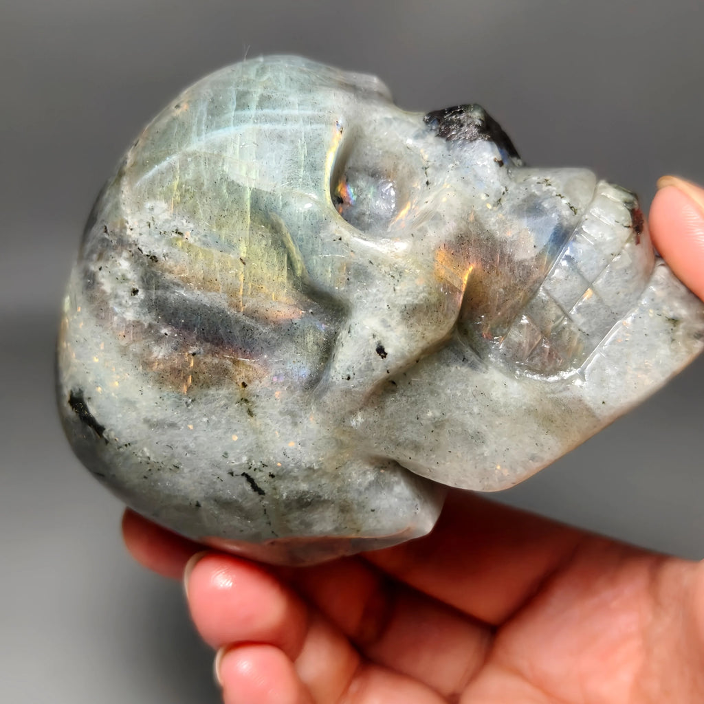 Flash Labradorite Crystal Skull | Carved Healing Stone | Halloween & Meditation Decor