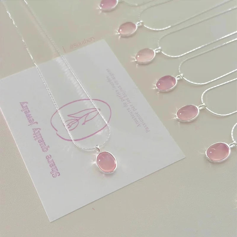 Pink Crystal Zircon Pendant Necklace | 925 Sterling Silver | Oval Collarbone Chain