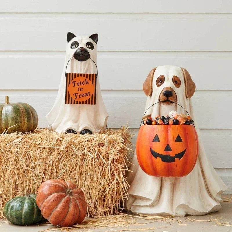 Halloween Resin Cat & Dog Pumpkin Figurine Decor