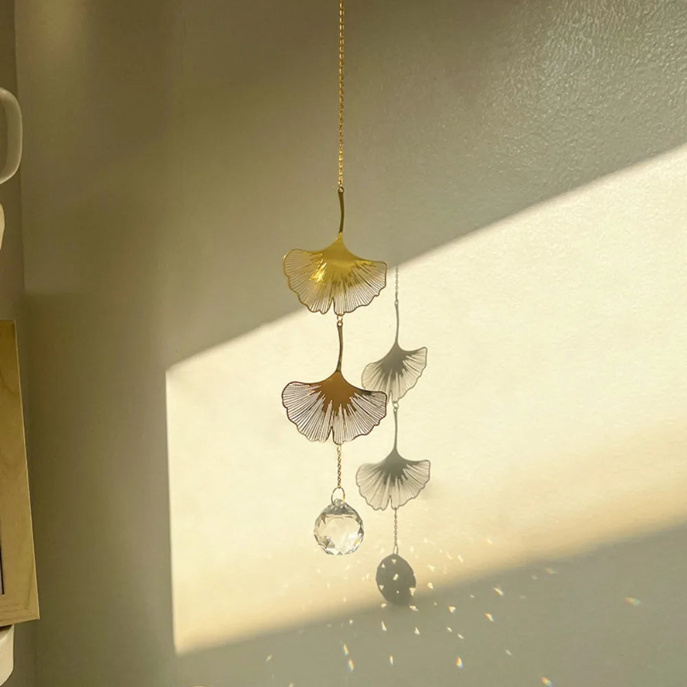 Lotus & Ginkgo Leaf Crystal Suncatcher Window Hanging